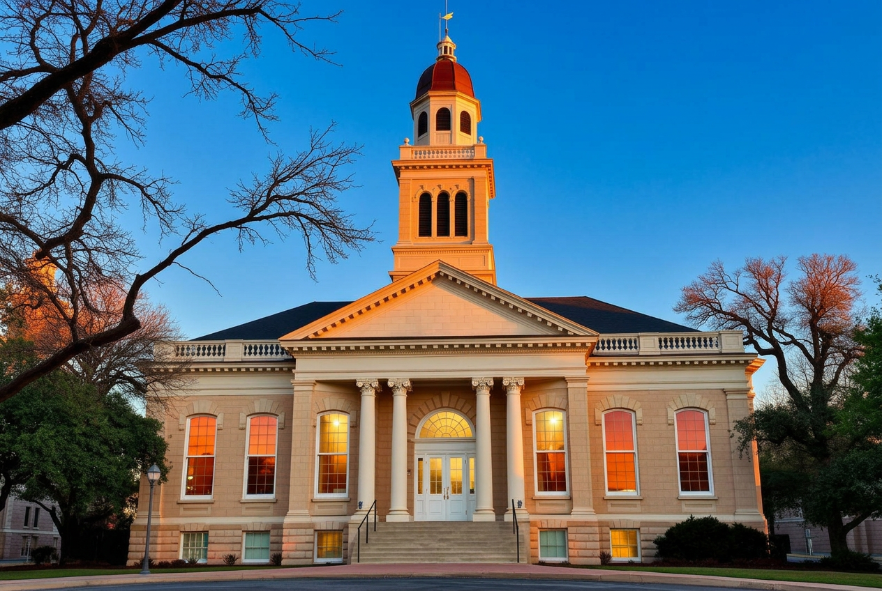 Historic Georgetown, Texas limestone courthouse at golden hour